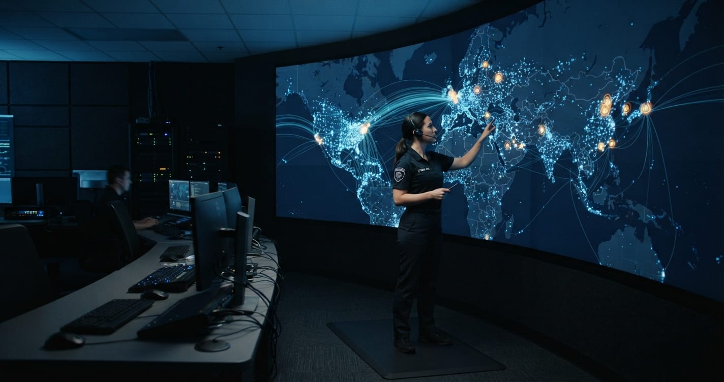 Analyste qui cartographie les appareils exposés à Internet sur un écran mural dans une salle d'opérations sombre