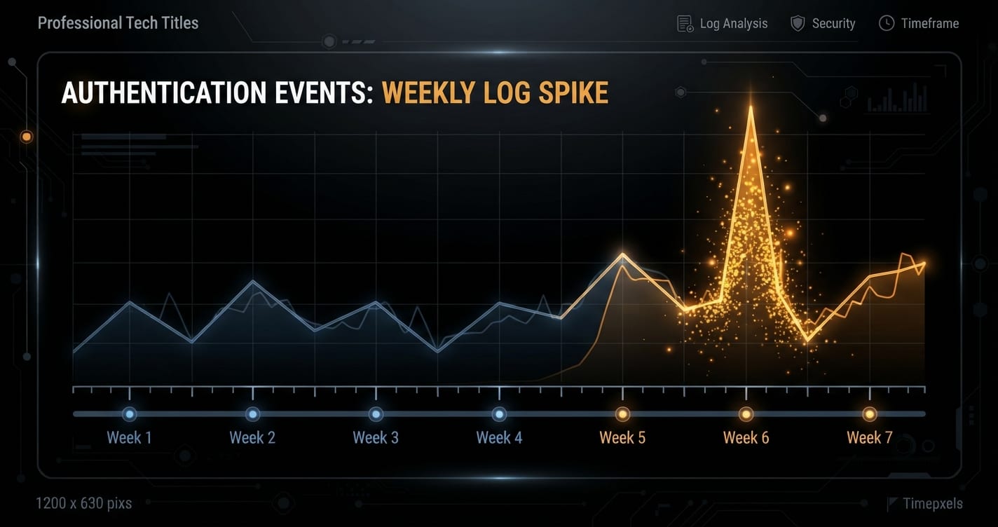 Chronologie des événements d'authentification sur sept semaines dans un tableau de bord de journaux sombre