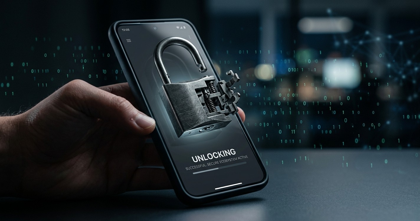 A glowing padlock opening on a smartphone screen