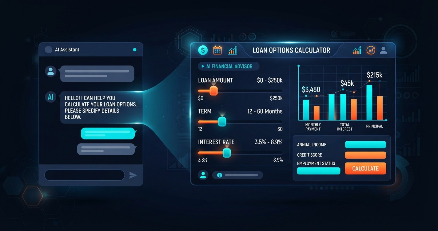 A generated loan calculator with sliders and a bar chart floating beside a chat bubble
