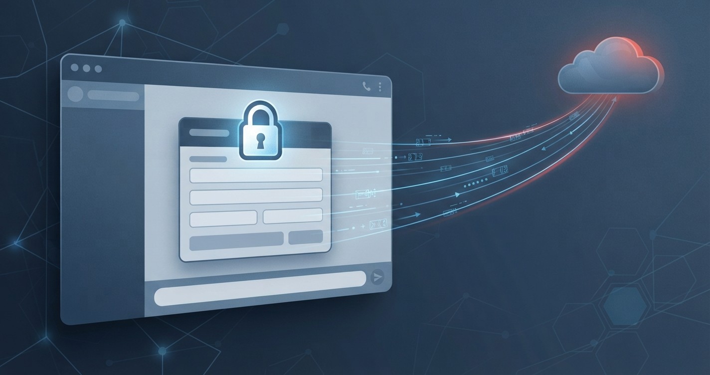 A generated web form in a chat window with a padlock and data streams leaving toward a cloud server