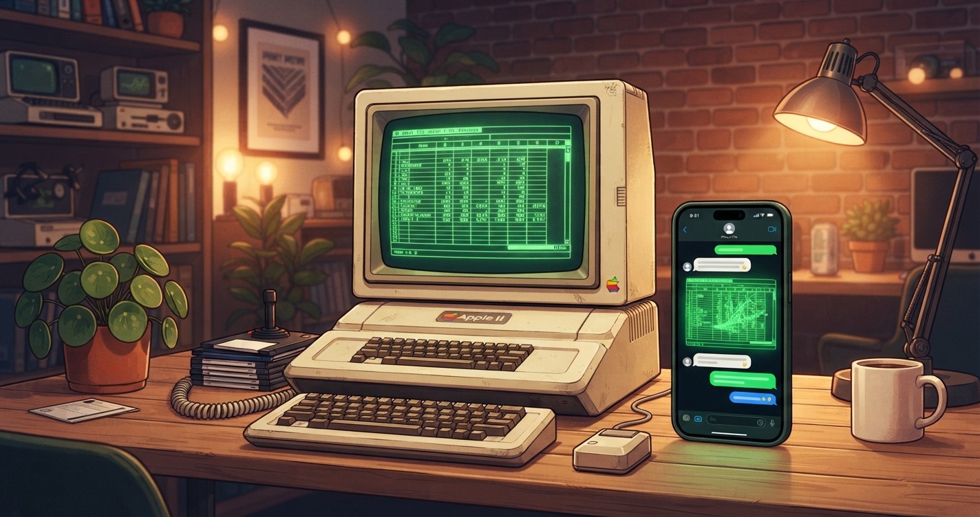 A retro Apple II spreadsheet beside a modern chat window generating the same grid