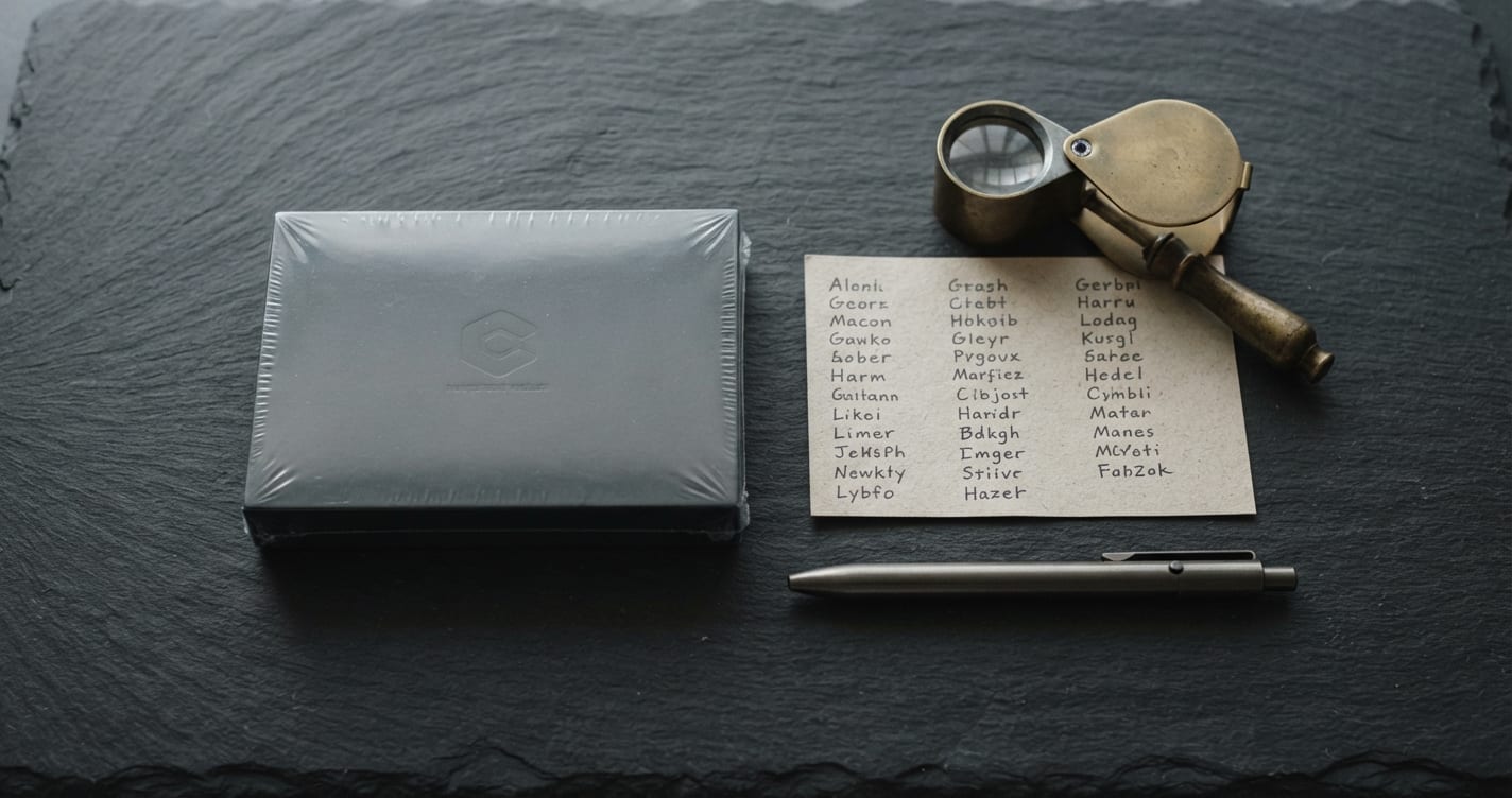 Vue à plat d’une boîte de portefeuille matériel scellée, d’une phrase de récupération écrite à la main et d’une loupe sur un bureau sombre