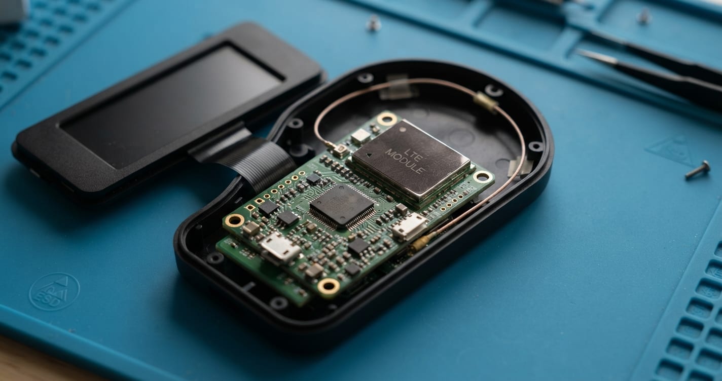 Illustration de démontage d’un portefeuille matériel ouvert montrant une carte de circuit secondaire, un module LTE blindé et un fil d’antenne mince