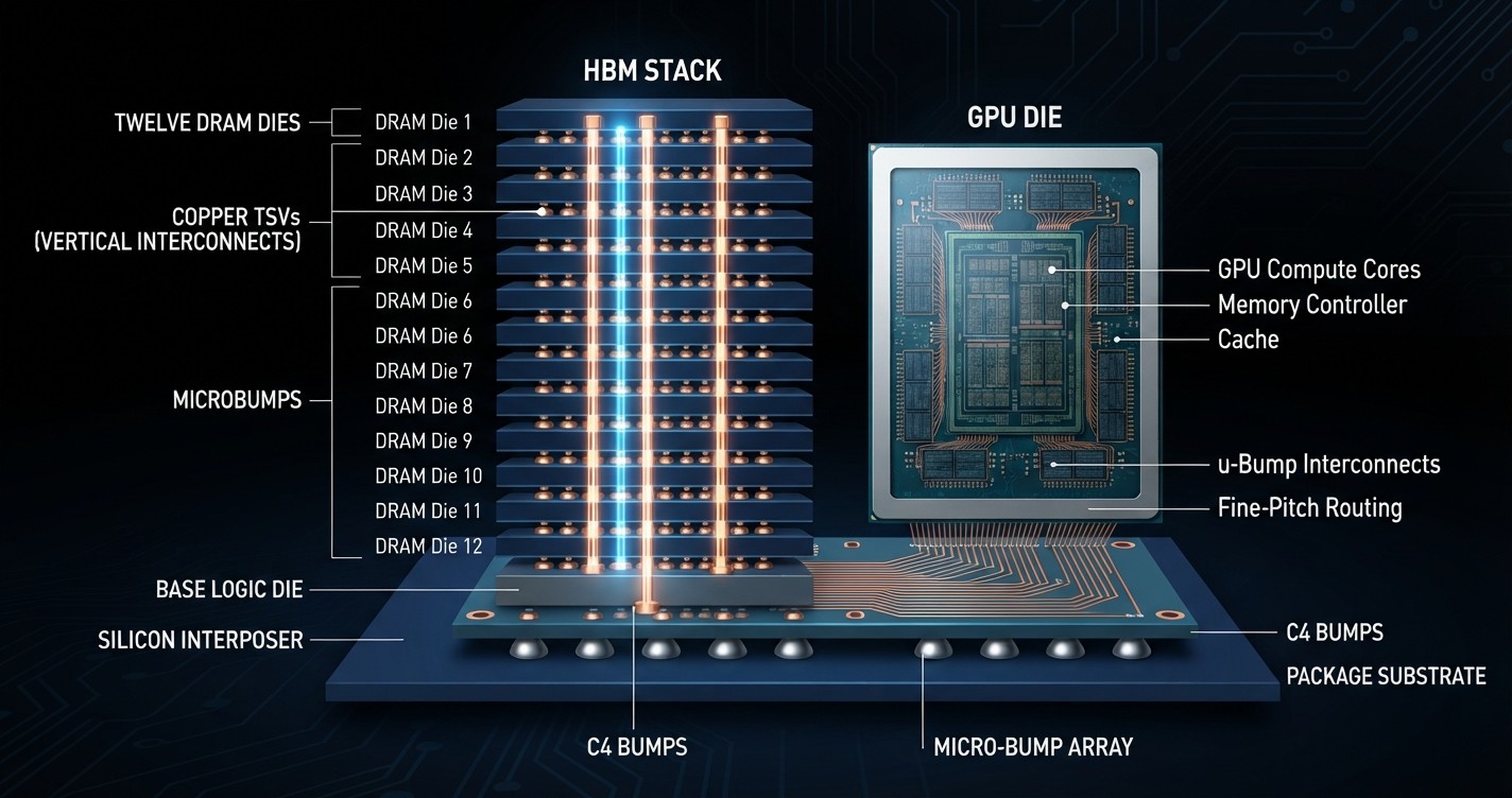 Coupe transversale d'une pile HBM fixée à côté d'un GPU sur un interposeur de silicium