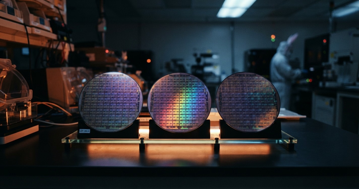 Trois plaquettes de silicium dans une salle blanche éclairée par une lumière chaude et froide