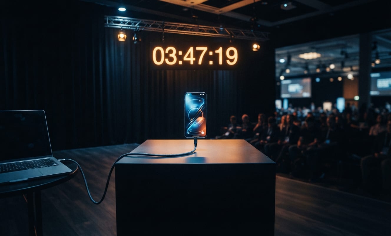 Ordinateur portable relié à un téléphone lumineux sur une scène de concours sombre, avec un compte à rebours ambré