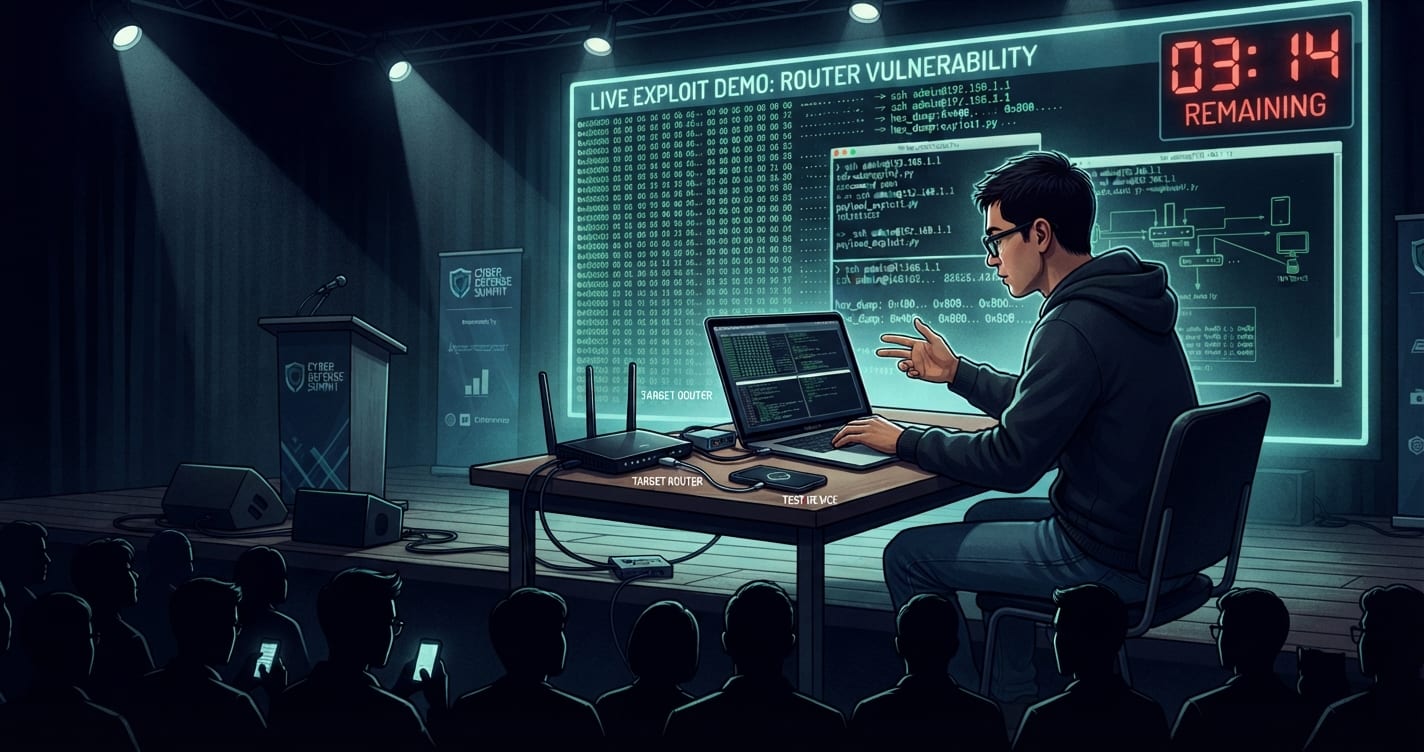 Pirate faisant la démonstration d'un exploit sur scène contre un téléphone et un routeur sous les projecteurs