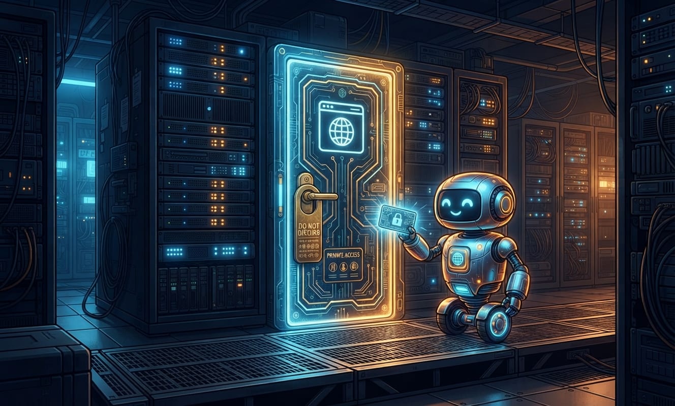 Illustration d'une porte de site web avec une pancarte Ne pas déranger et un agent robot tenant une clé signée à l'extérieur