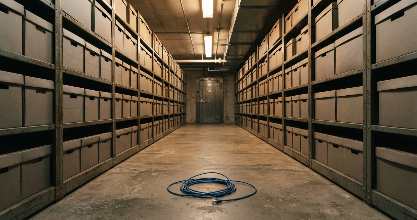 Un coffre d'archives scellé dans le sous-sol d'un hôpital, avec un seul câble réseau débranché enroulé sur le plancher