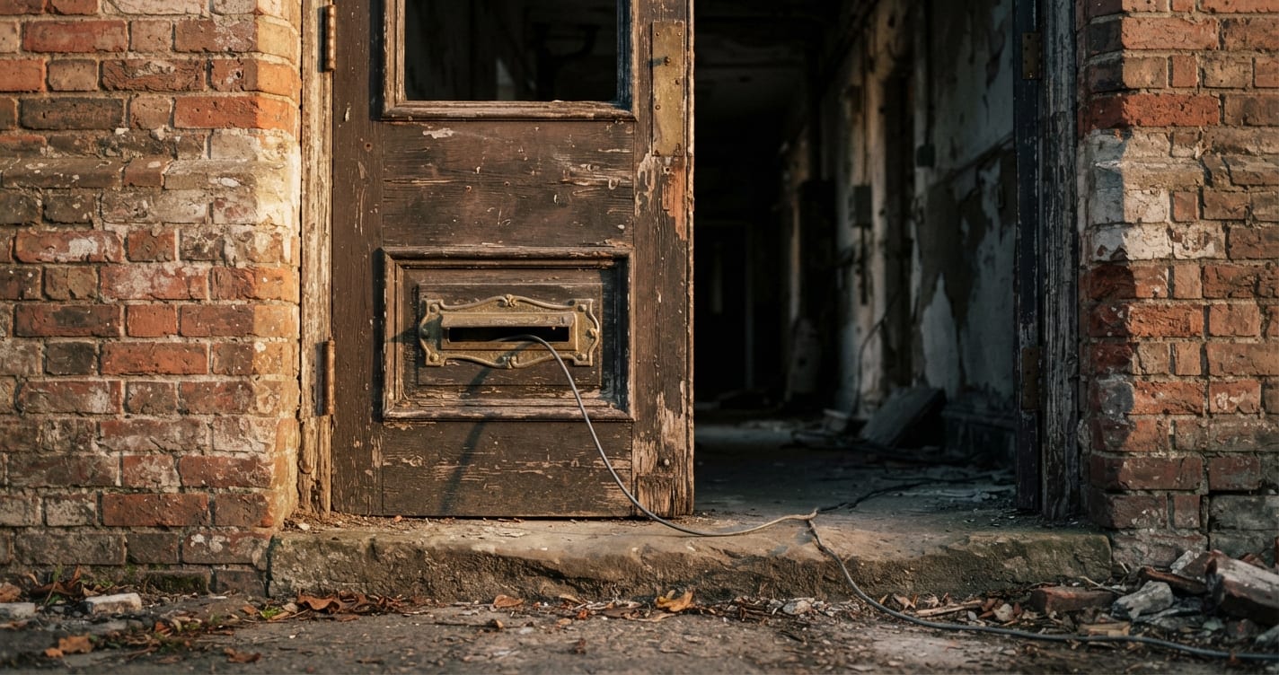 Une porte de service abandonnée d'un hôpital, avec une ancienne fente postale en laiton encore découpée dans le bois