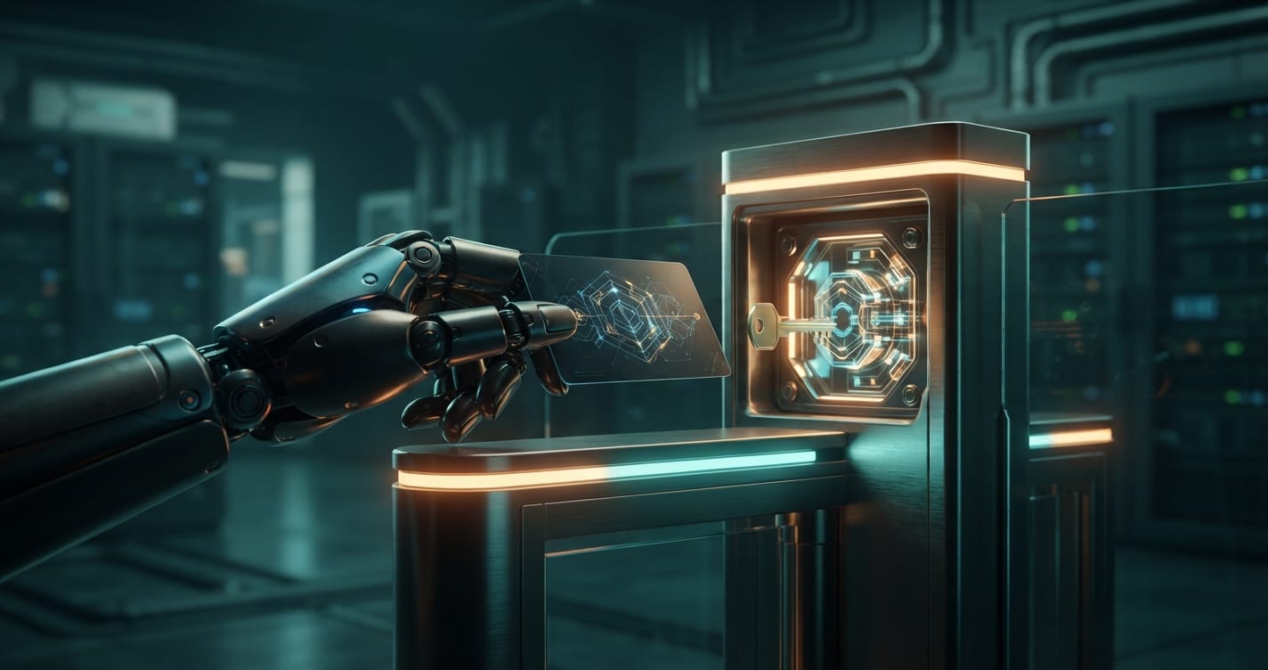 Main robotisée tenant une carte-clé substitut à un point de contrôle de coffre-fort