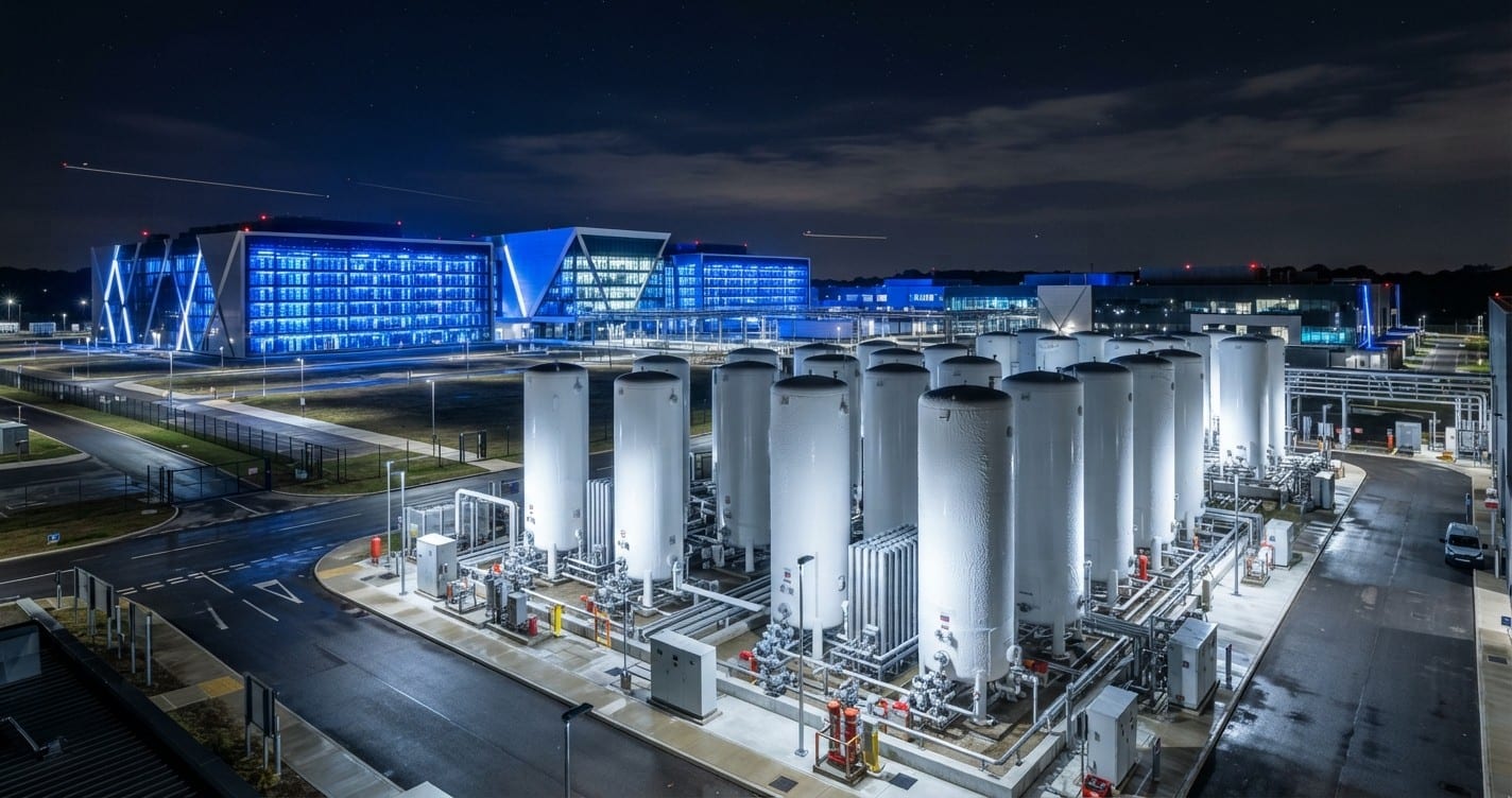 Réservoirs d'hydrogène liquide givrés à côté d'un campus de centres de données