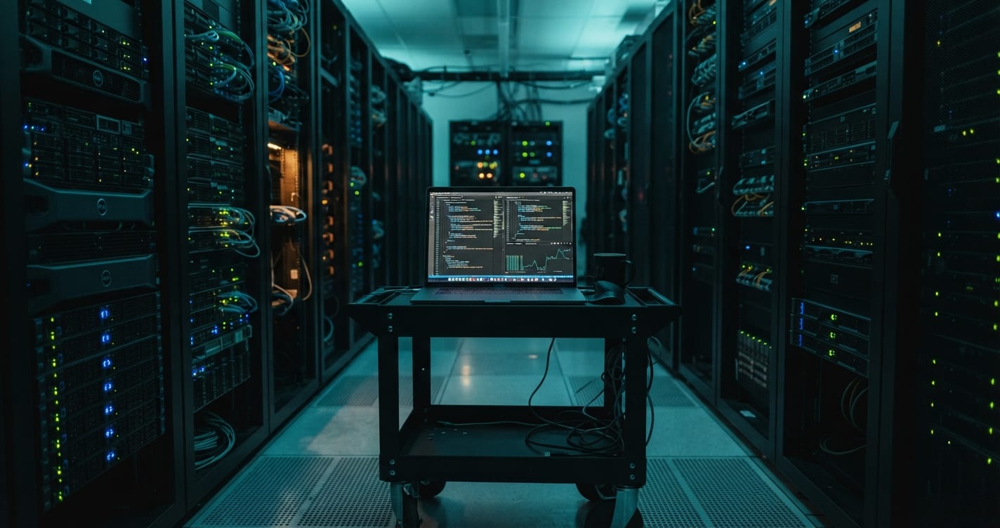 Cold server room with rows of rack servers and a laptop showing a code diff