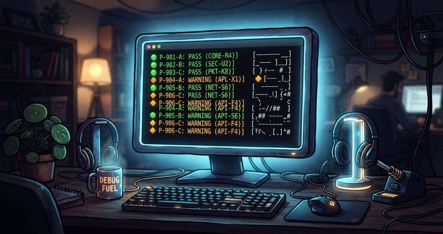 Terminal showing patch status indicators on a developer desk