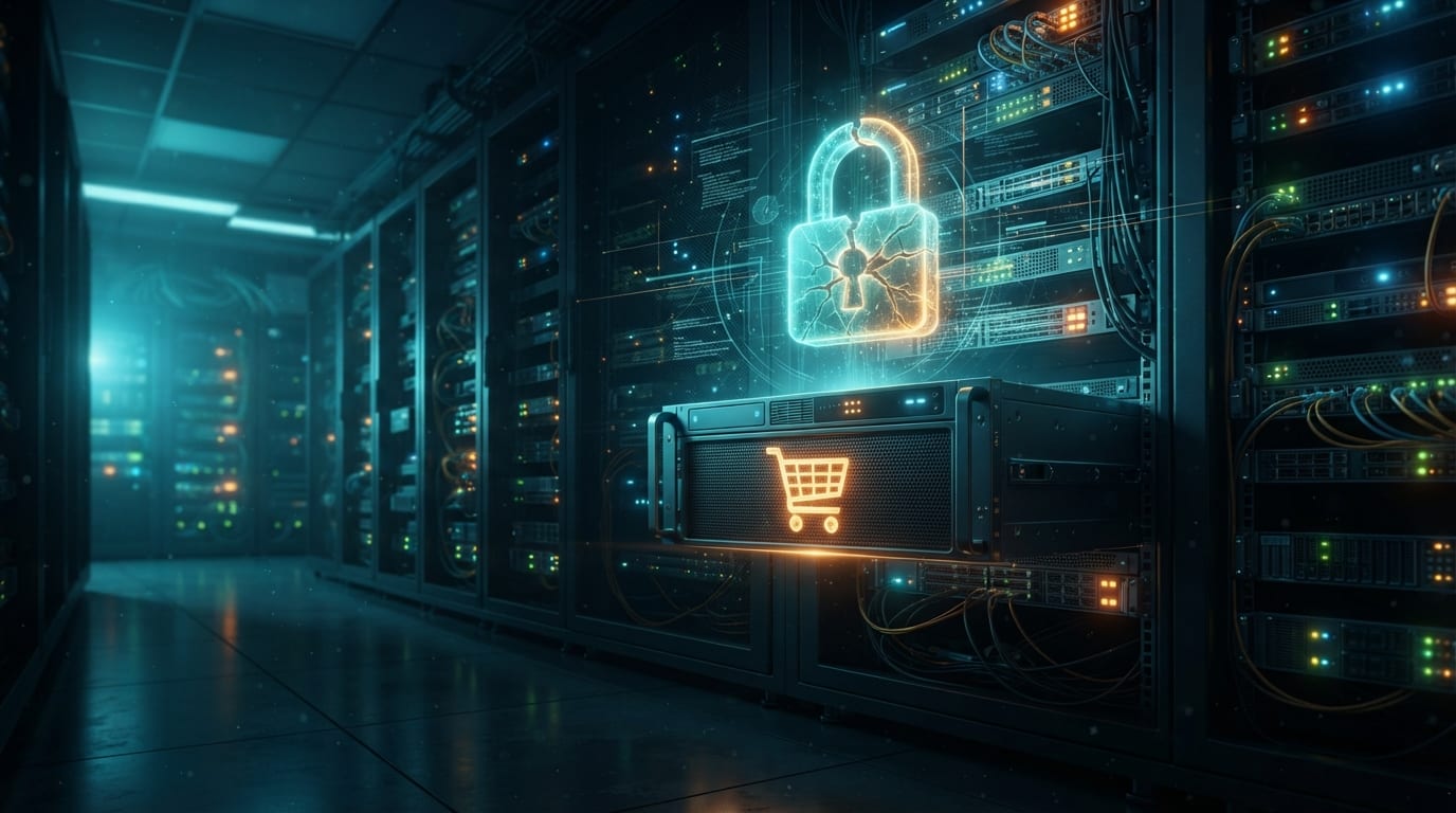 Server rack in a dim store data room with a glowing shopping cart icon and a cracked padlock