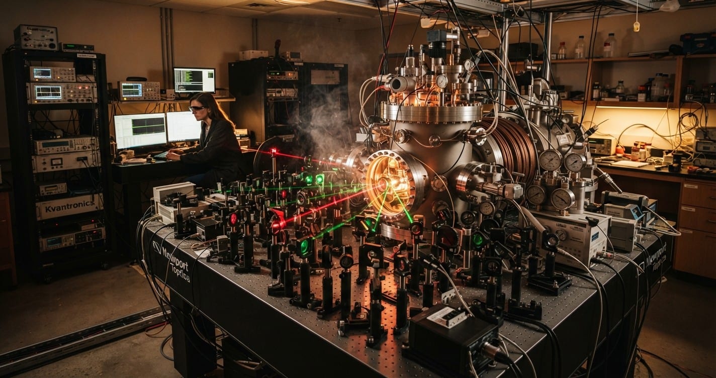 Laser-lit vacuum chamber of a neutral-atom quantum computer