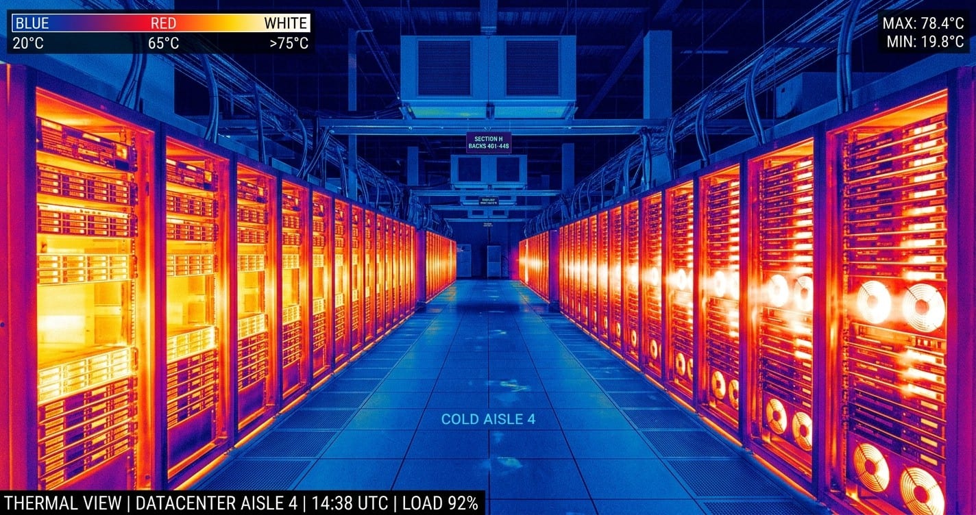 Thermal camera view of overheating data center servers
