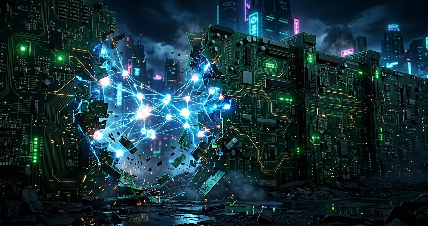 Abstract visualization of open source networks breaching a green circuit board wall
