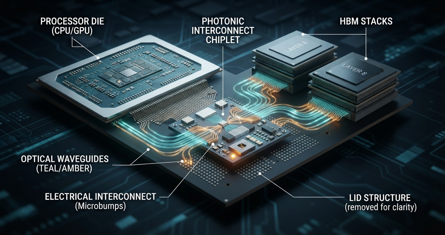 Photonic interconnect chiplet with glowing optical channels