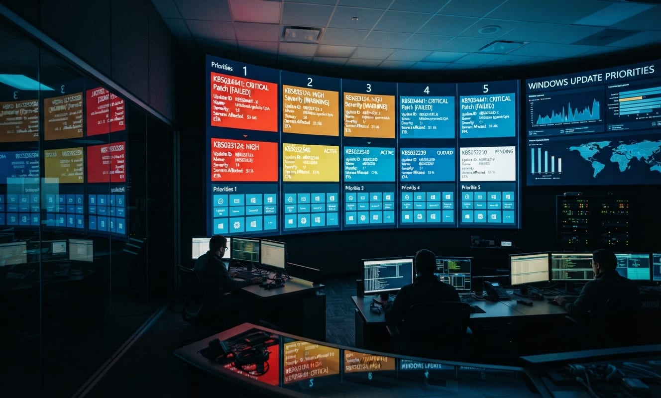 Glowing ranked queue of patch tiles above a dark server room