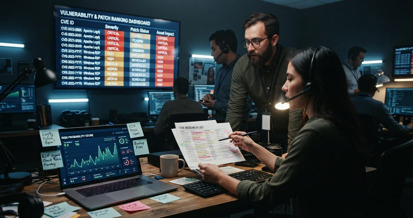 Team reviewing a ranked patch queue on a large wall display in a dim office