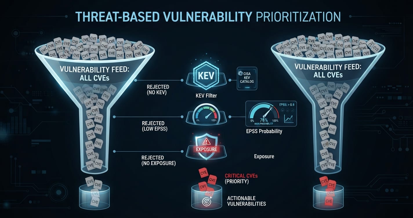 Diagram of a funnel where CVE tiles pass through KEV, EPSS and exposure filters before reaching a small red output