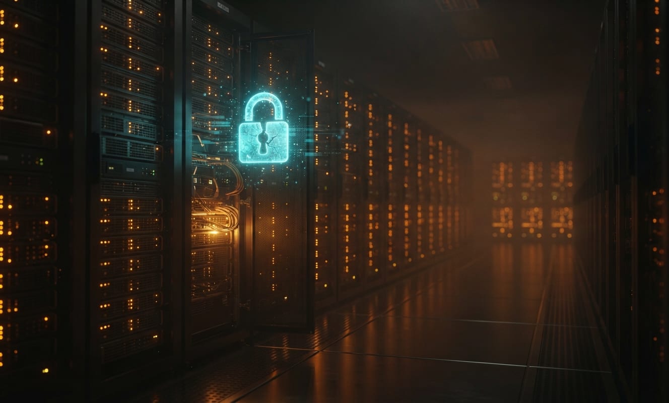 Baies de serveurs dans une pièce sombre, avec un panneau de processus PHP lumineux et un cadenas fissuré