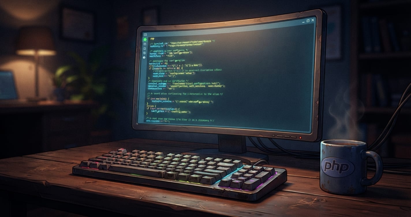 Terminal de développeur sur un bureau sombre, avec des lignes de configuration PHP qui brillent à l'écran