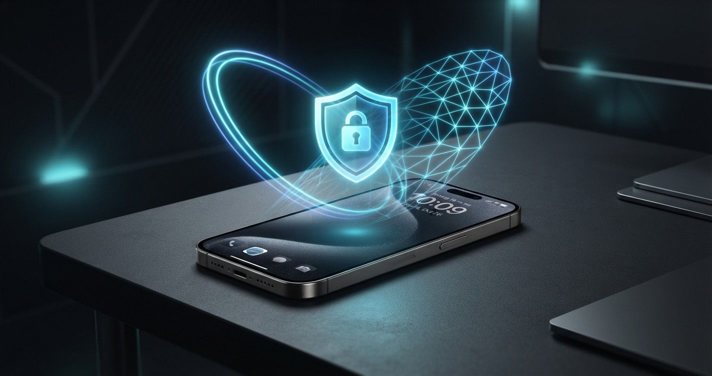 Un iPhone avec des flux de clés en courbes elliptiques et en treillis fusionnant en un bouclier