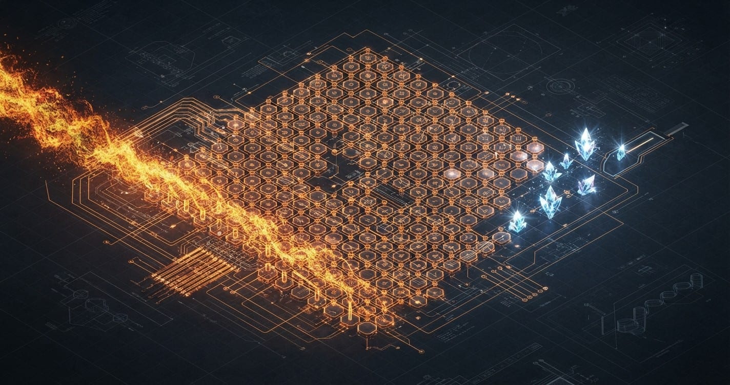 Grid of qubit tiles distilling glowing magic states