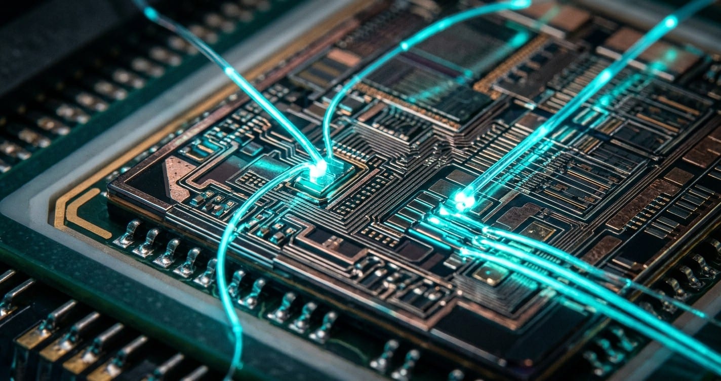 Silicon photonics chip with glowing light fibers