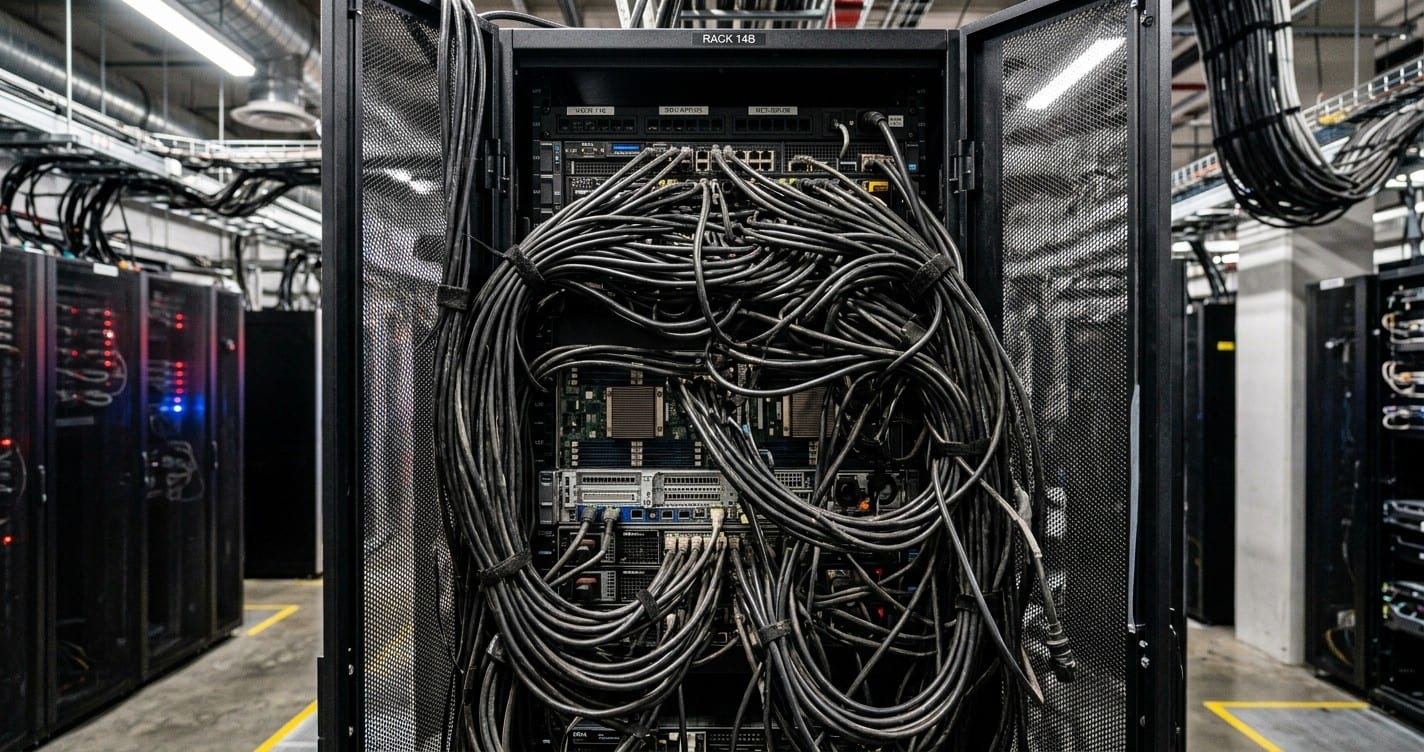 A dense bundle of copper cables in a server rack