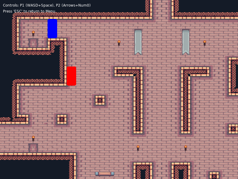 Le 11 janvier 2026 : deux rectangles dans « The Choosen One ». Deux rectangles, un bleu et un rouge, dans une carte de tuiles en briques roses. Le texte en haut indique « Controls: P1 (WASD+Space), P2 (Arrows+Num0) ».