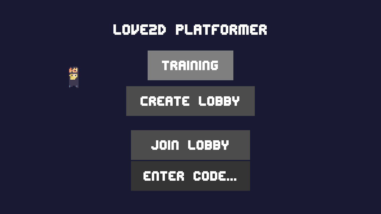 Le menu de février, intitulé « Love2D Platformer » : les boutons Training, Create Lobby, Join Lobby et Enter Code, à côté du nain.