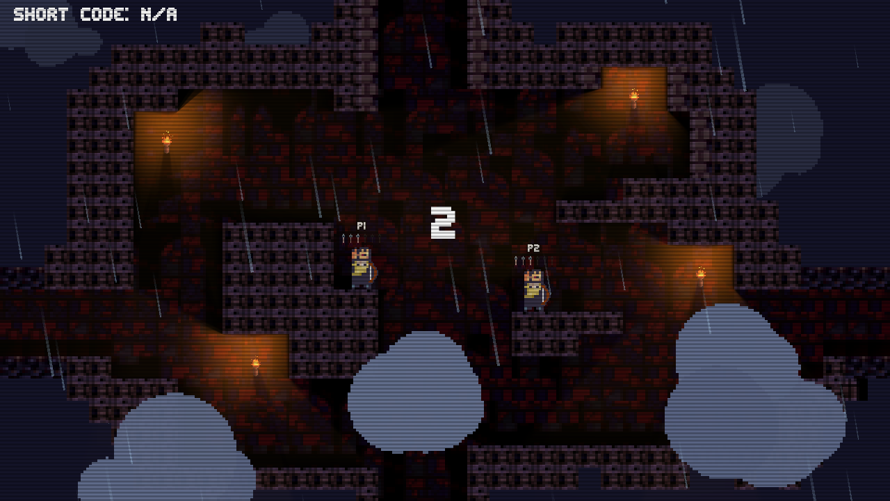 Toute l’arène Towerfall avant une manche : les torches éclairent les murs en orange, la pluie tombe, des nuages passent devant, et un grand « 2 » fait le compte à rebours entre les deux archers.