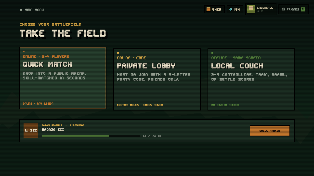 L’écran Jouer, « Take the field » : les cartes Quick Match, Private Lobby et Local Couch, avec un panneau de parties classées en dessous.