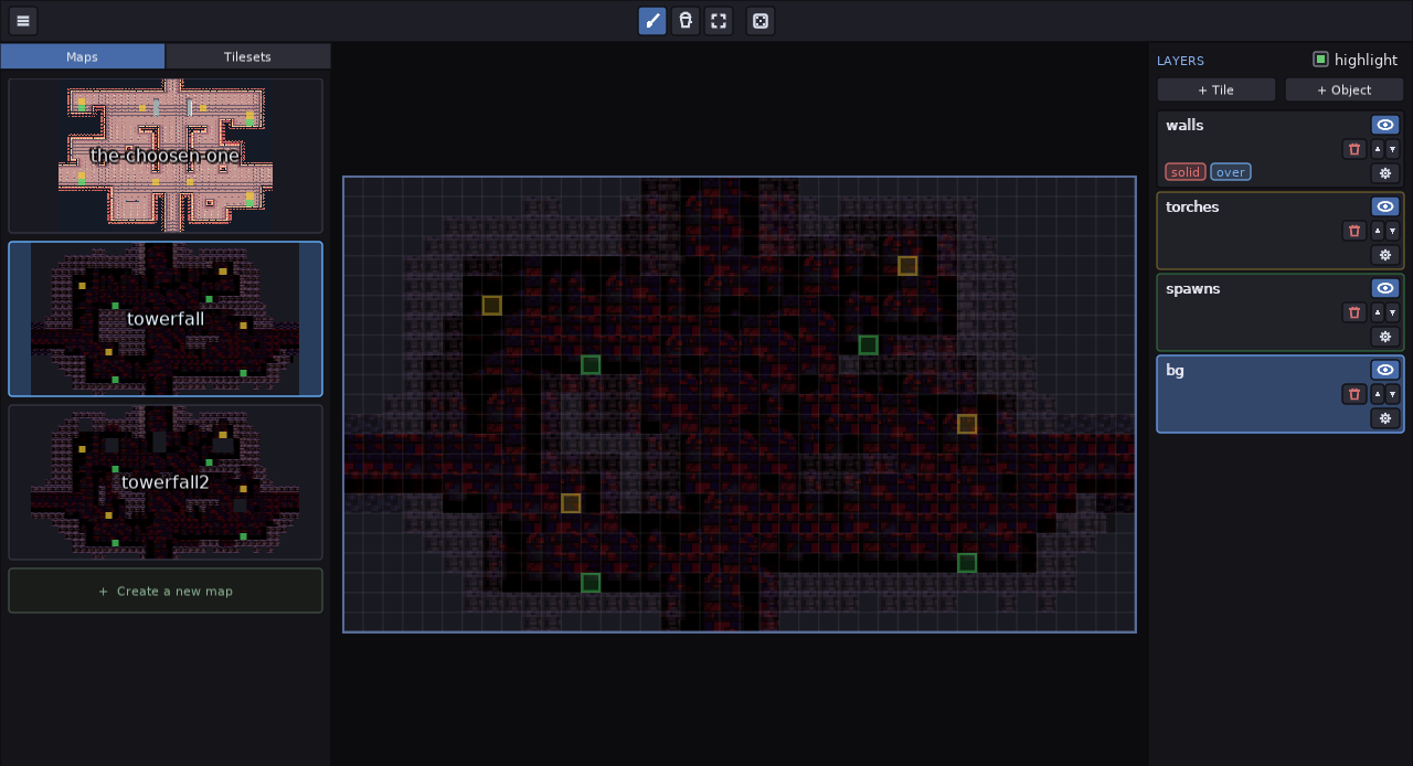 L’éditeur : trois arènes, les torches en jaune, les points d’apparition en vert. L’éditeur de cartes avec Towerfall ouverte : à gauche, un panneau Maps avec les vignettes de The Choosen One, Towerfall et Towerfall 2, au centre la carte avec les torches marquées en jaune et les points d’apparition en vert, et à droite les calques des murs, des torches, des points d’apparition et du fond.