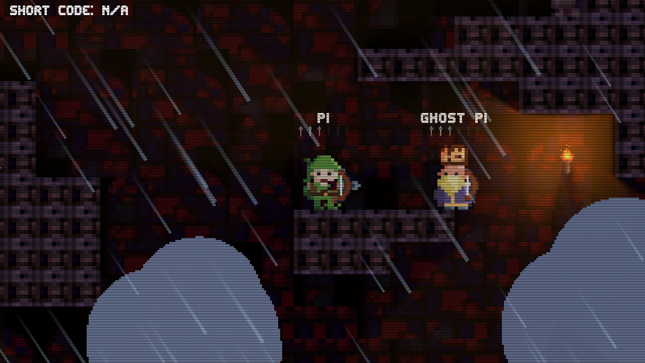 Le joueur 1 contre « GHOST P1 », l’adversaire fantôme. Un rôdeur elfe bande son arc vers le roi nain identifié « GHOST P1 », tous deux debout sur un rebord sous la pluie, à côté d’une torche.