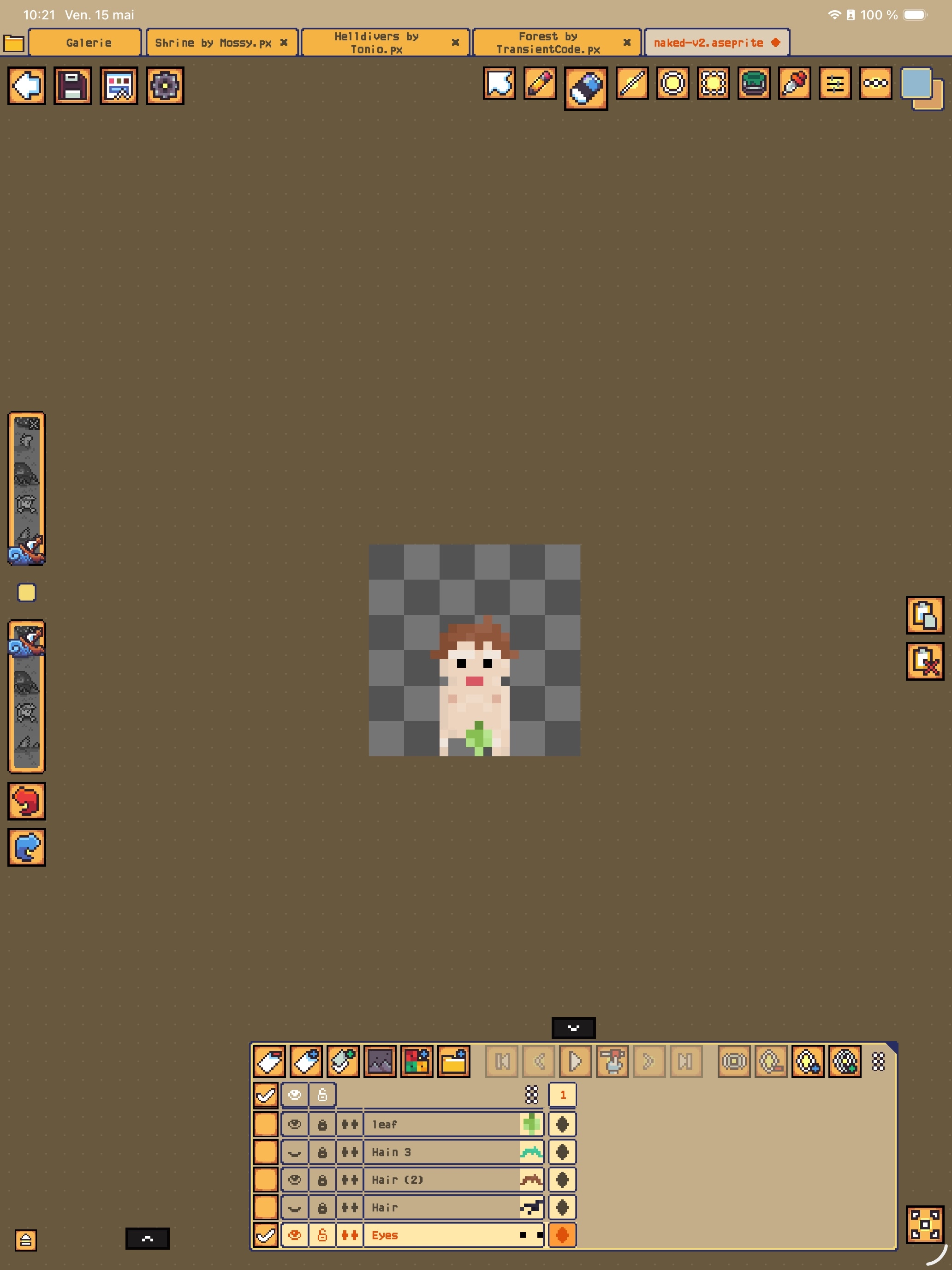 A champion sprite being assembled in Aseprite, layer by layer, for the Skyfall character creator.