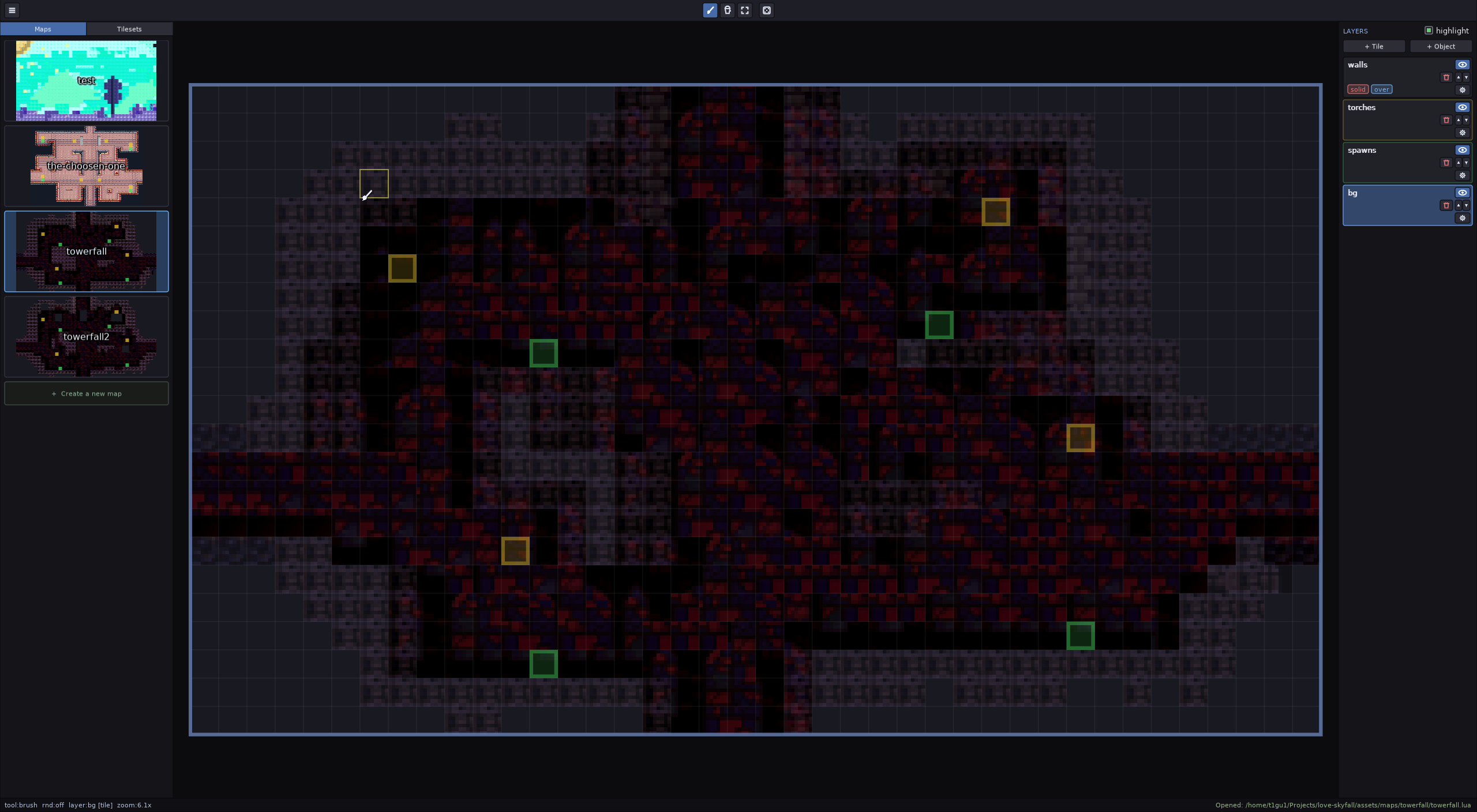 The first map editor, showing the towerfall map with spawn markers