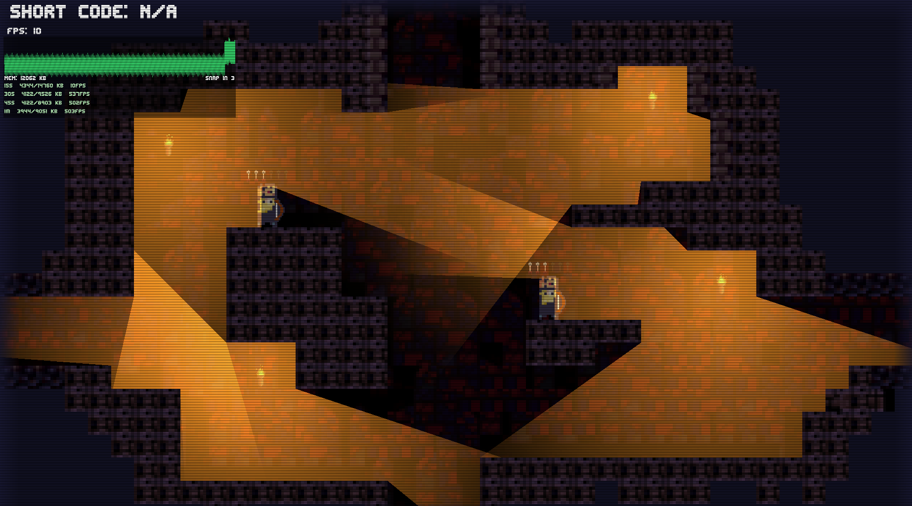 Skyfall arena lit by torches with real-time shadows, with the in-game FPS overlay.