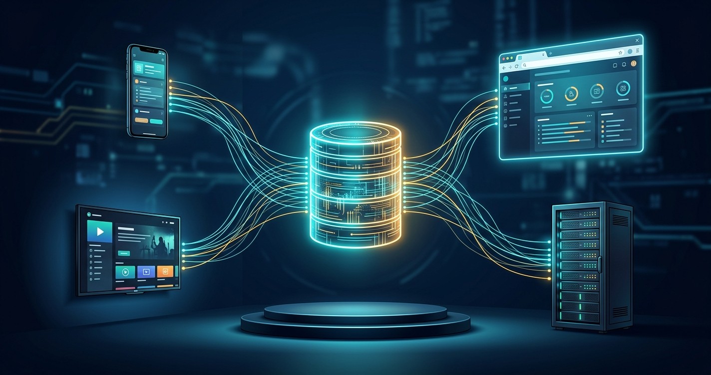 Glowing single database file connecting phones, browsers, and servers