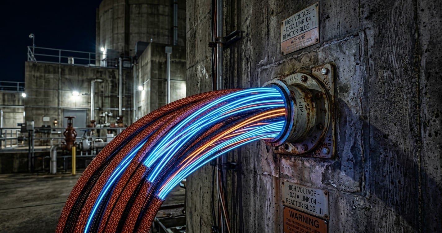 Glowing fiber cables entering a nuclear facility
