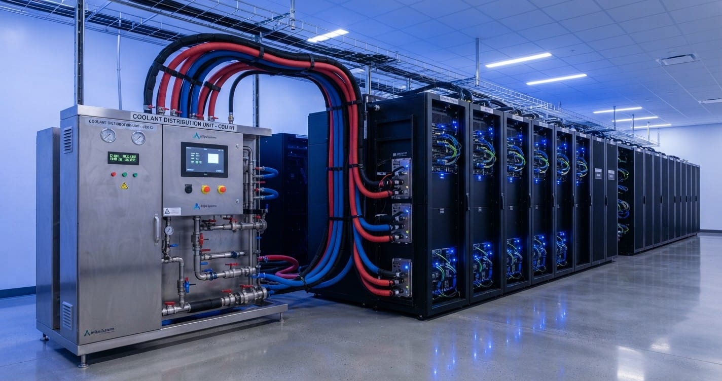 Unité de distribution de liquide de refroidissement à côté d'une rangée de racks de serveurs IA