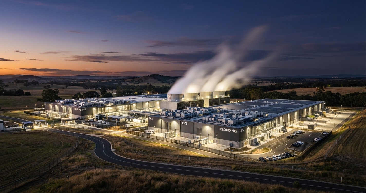 Tours de refroidissement par évaporation sur un campus de centre de données au crépuscule