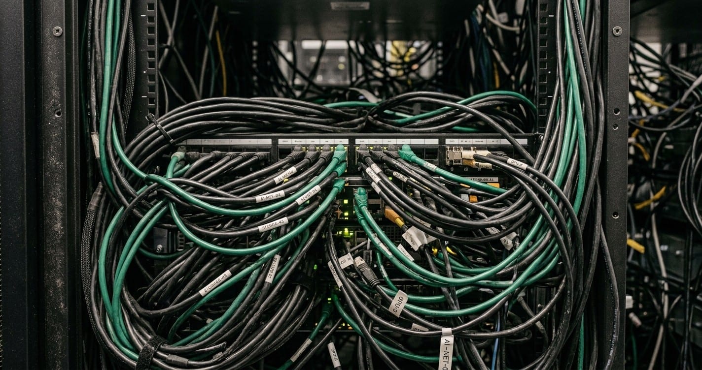 Épais câbles réseau étouffant un rack de serveurs
