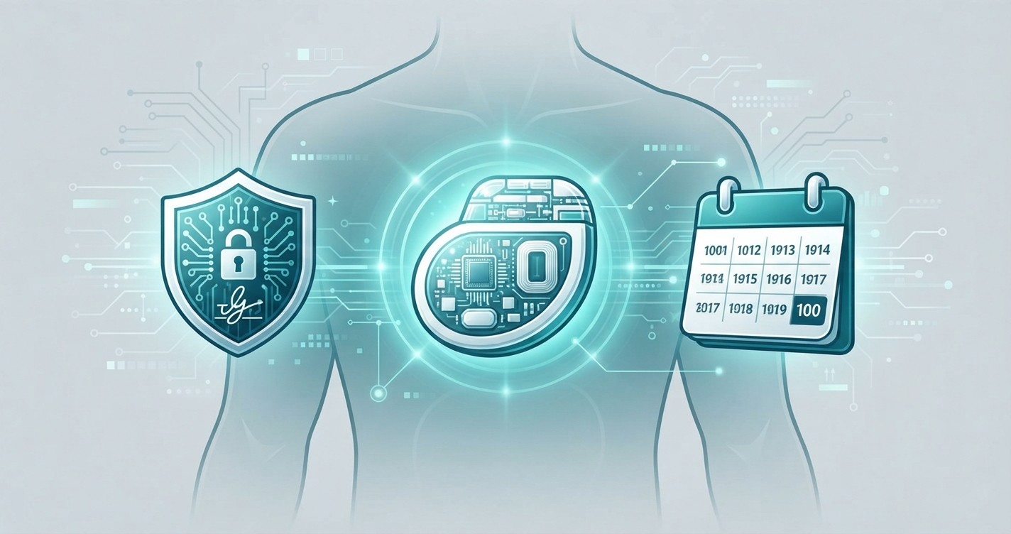 A pacemaker-style implant with a firmware signature shield and a ten-year calendar