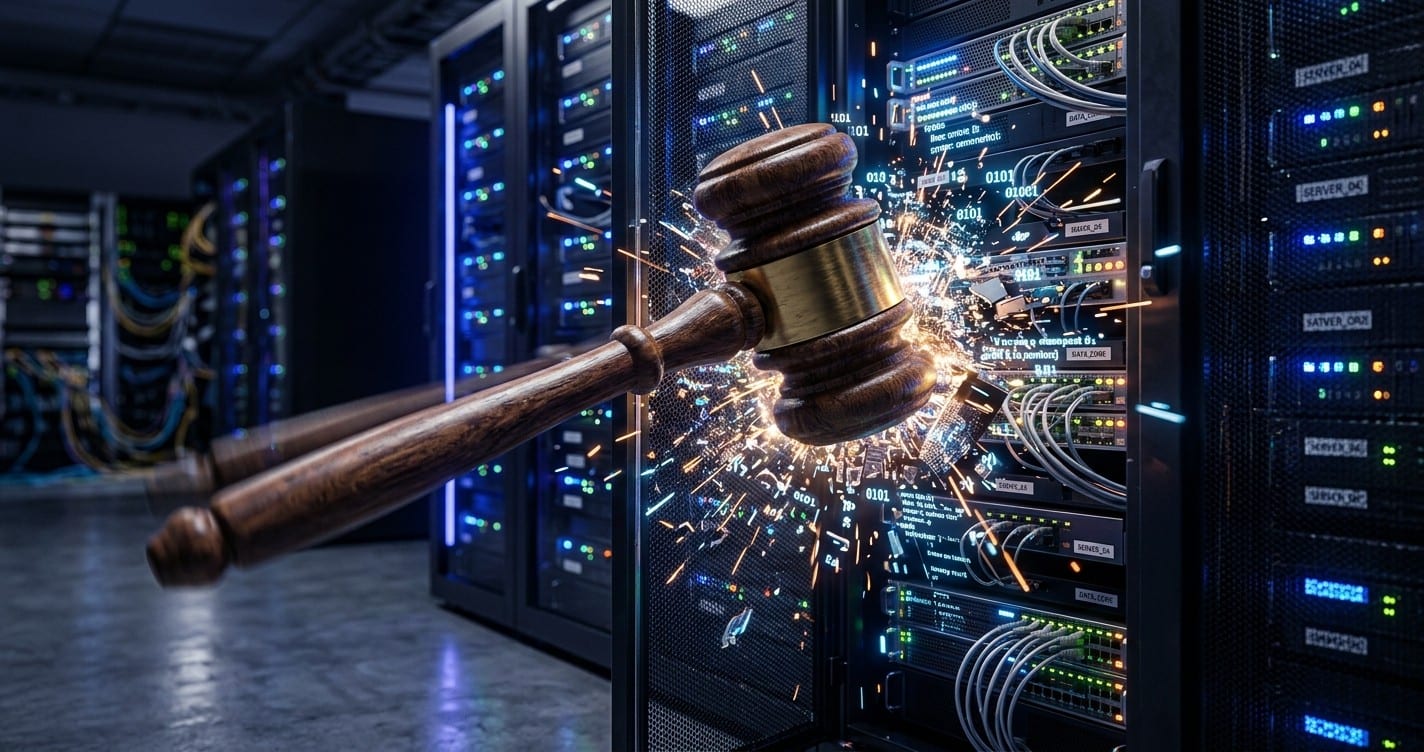 Judge's gavel hitting a server