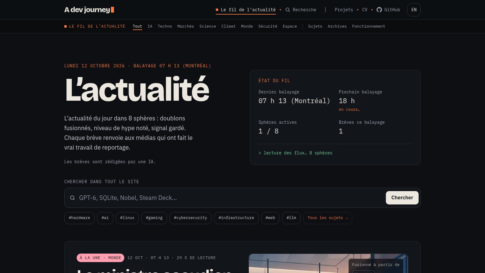 The news feed: the latest sweep, the feed status and search.